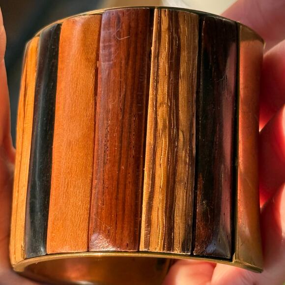 Gorgeous VTG Brass and Hardwood Cuff Bracelet - Picture 7 of 8